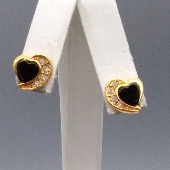 Vintage Avon Parure, Onyx and Crystal Heart Pendant Necklace and Matching Stud - Picture 4 of 7